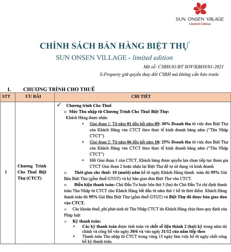 Chính sách bán hàng biệt thự Sun Onsen Village Limited Edition tháng 01/2021.