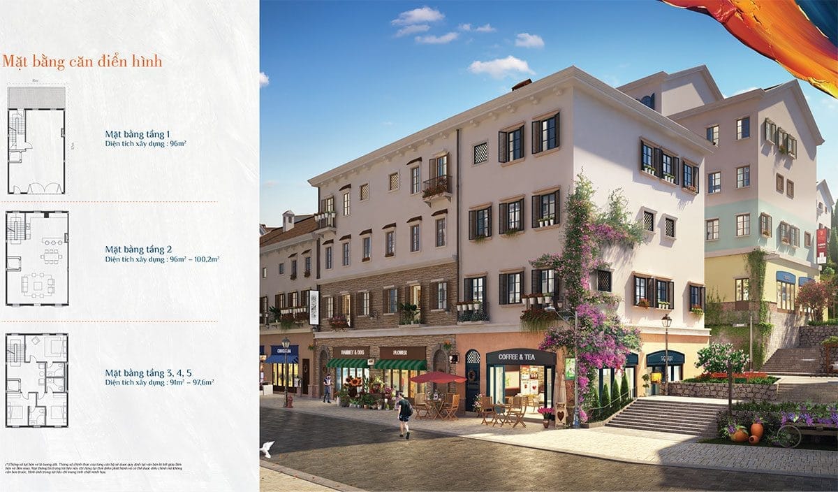 Mặt bằng tầng điển hình căn Shophouse Sun Premier Village Primavera.