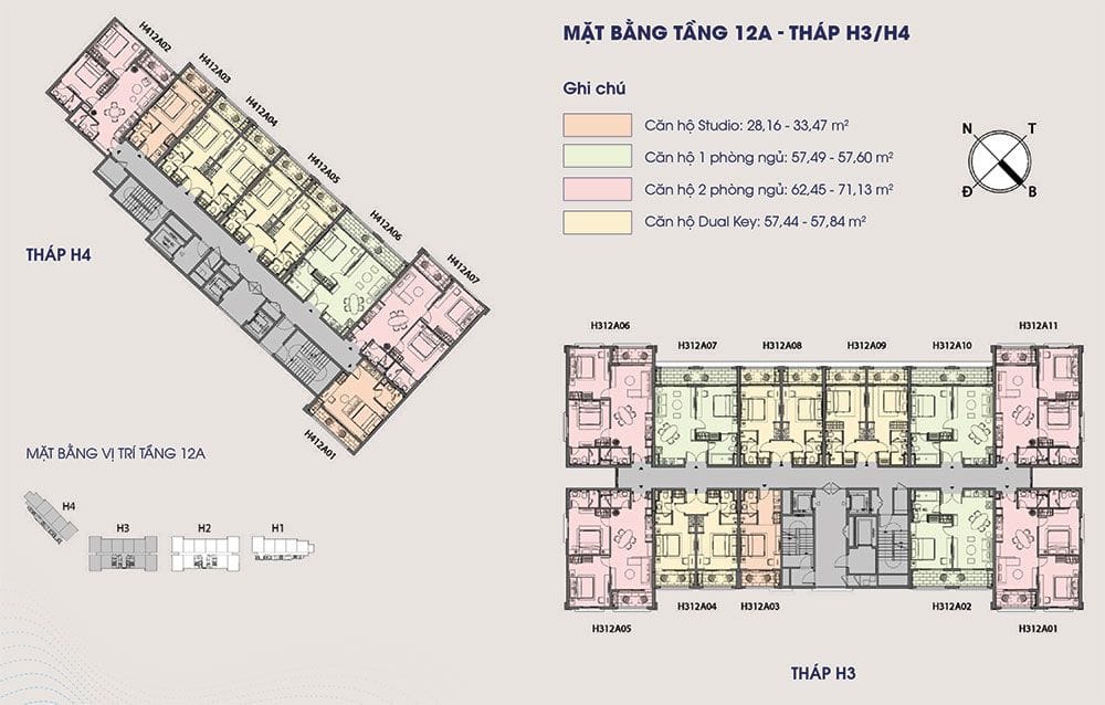 Mặt bằng điển hình tầng 12A tòa tháp H3 và H4 của Hillside. Mặt bằng điển hình tầng 12A tòa tháp H3 và H4 của Hillside.