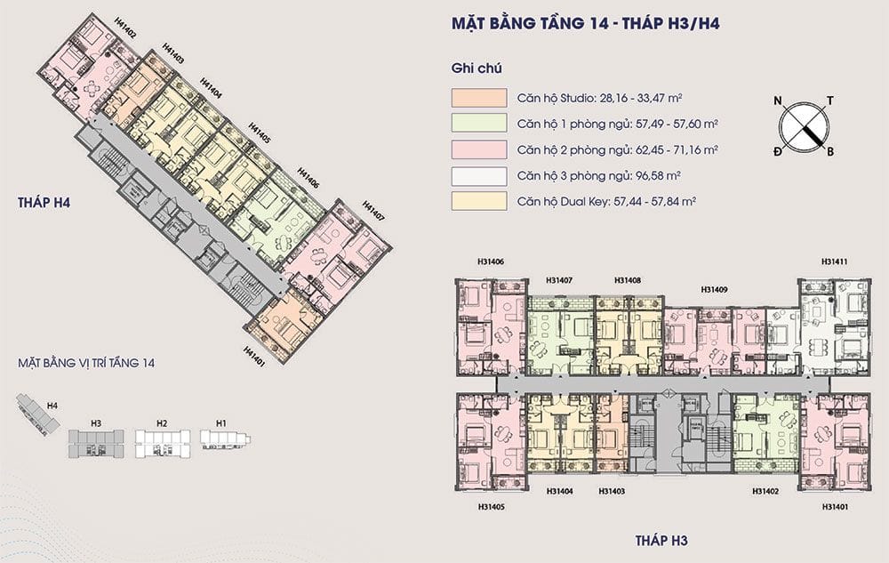Mặt bằng điển hình tầng 14 tòa tháp H3 và H4 của Hillside. Mặt bằng điển hình tầng 14 tòa tháp H3 và H4 của Hillside.