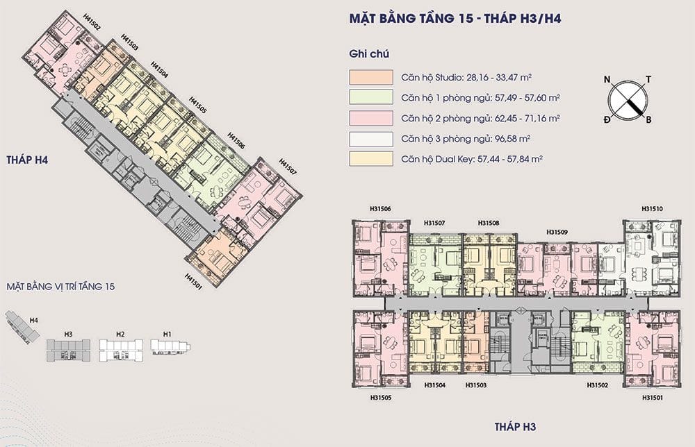 Mặt bằng điển hình tầng 15 tòa tháp H3 và H4 của Hillside. Mặt bằng điển hình tầng 15 tòa tháp H3 và H4 của Hillside.