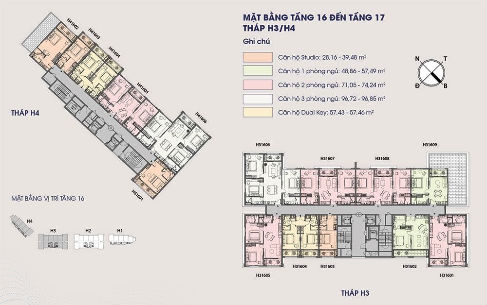 Mặt bằng điển hình tầng 16 và tầng 17 tòa tháp H3 và H4 của Hillside. Mặt bằng điển hình tầng 16 và tầng 17 tòa tháp H3 và H4 của Hillside.