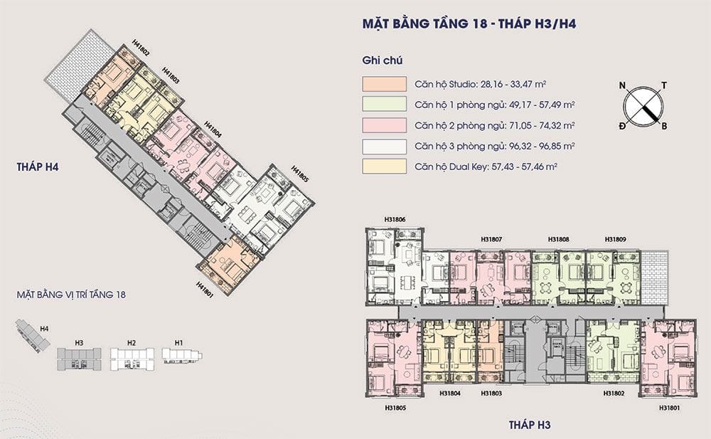 Mặt bằng điển hình tầng 18 tòa tháp H3 và H4 của Hillside. Mặt bằng điển hình tầng 18 tòa tháp H3 và H4 của Hillside.
