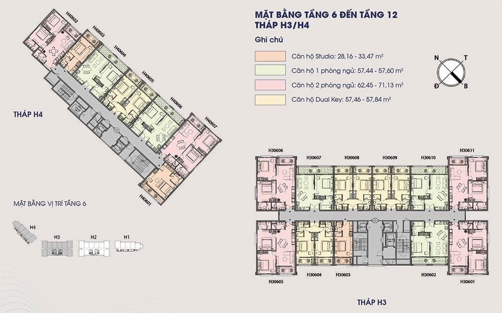 Mặt bằng điển hình từ tầng 6 đến tầng 12 tòa tháp H3 và H4 của Hillside. Mặt bằng điển hình từ tầng 6 đến tầng 12 tòa tháp H3 và H4 của Hillside.