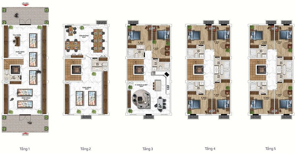 Mặt bằng mẫu thiết kế công năng gợi ý cho loại Shophouse 2 tầng kinh doanh.