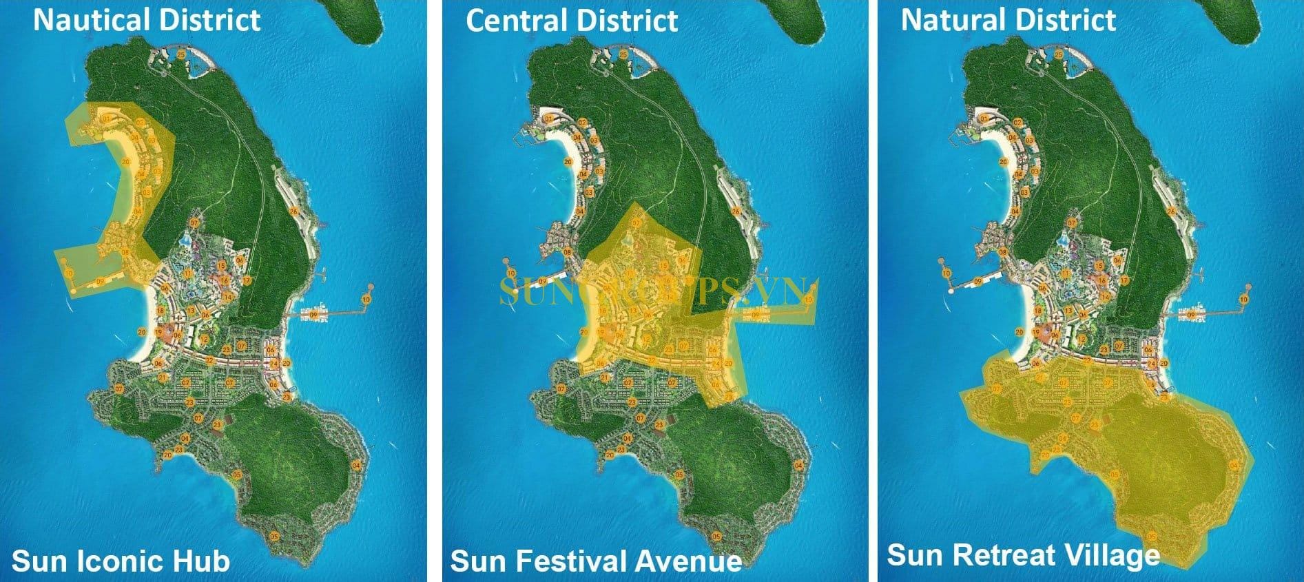 Hòn Thơm Paradise Island được chia làm 3 hợp phần chính Sun Iconic Hub, Sun Festival Avenue và Sun Retreat Village.