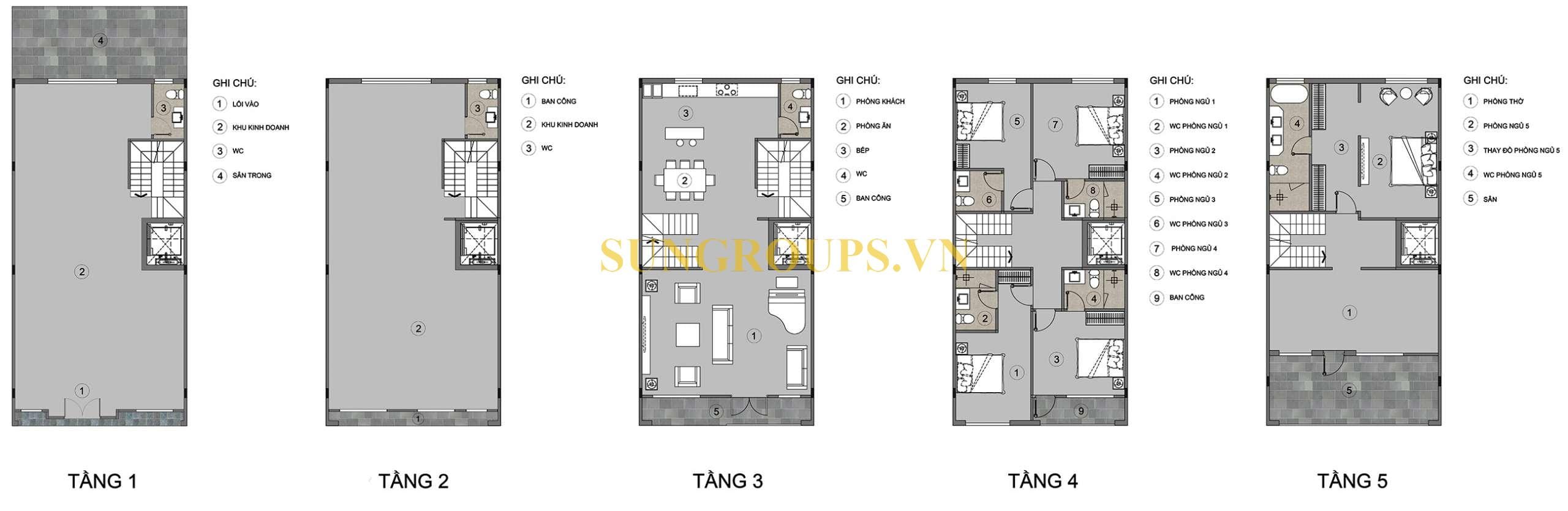Layout sản phẩm shophouse kyoto được thiết kế 5 tầng.