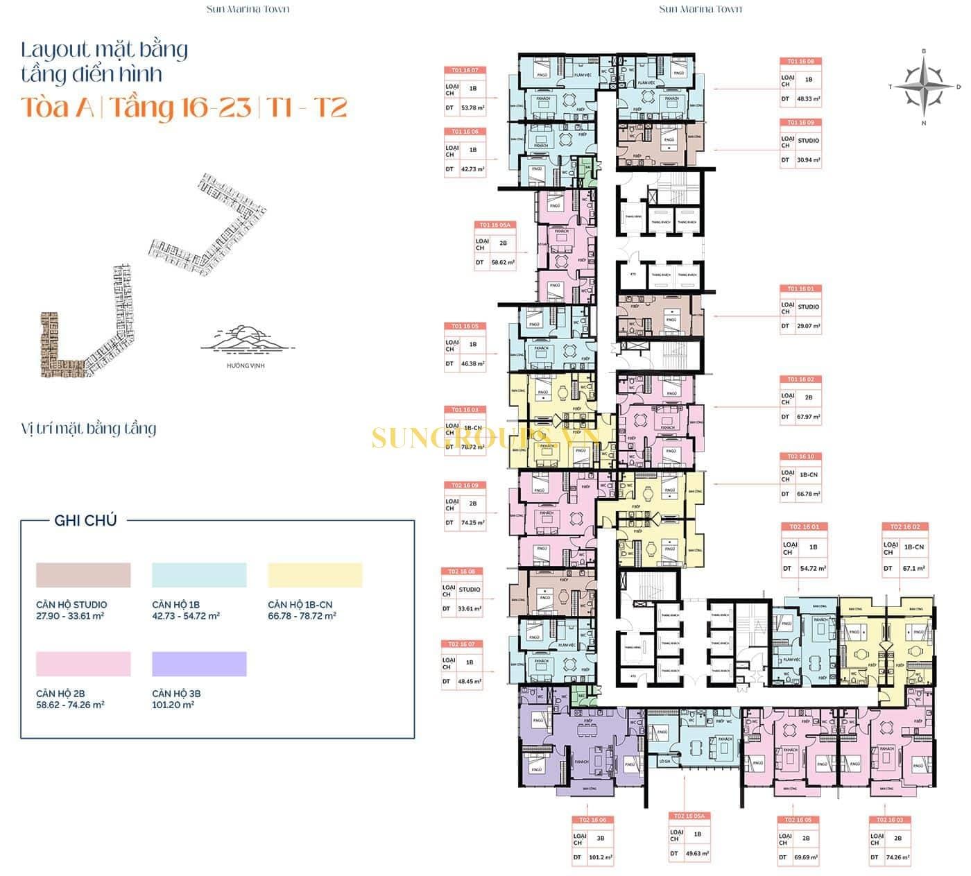 Mặt bằng tầng điển hình tòa A, từ tầng 16 đến tầng 23, T1 và T2. Mặt bằng tầng điển hình tòa A, từ tầng 16 đến tầng 23, T1 và T2.
