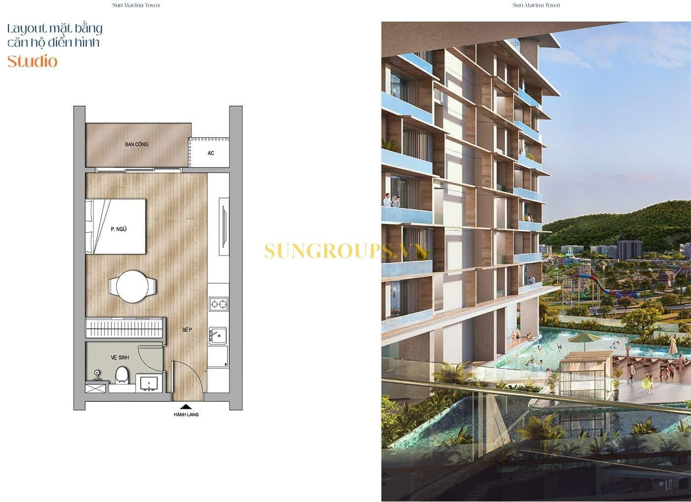 Mặt bằng thiết kế căn hộ Studio Sun Marina Town. Mặt bằng thiết kế căn hộ Studio Sun Marina Town.