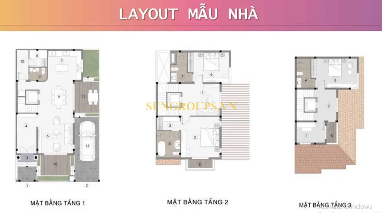 Mặt bằng biệt thự tứ lập Sun Riverside Village.
