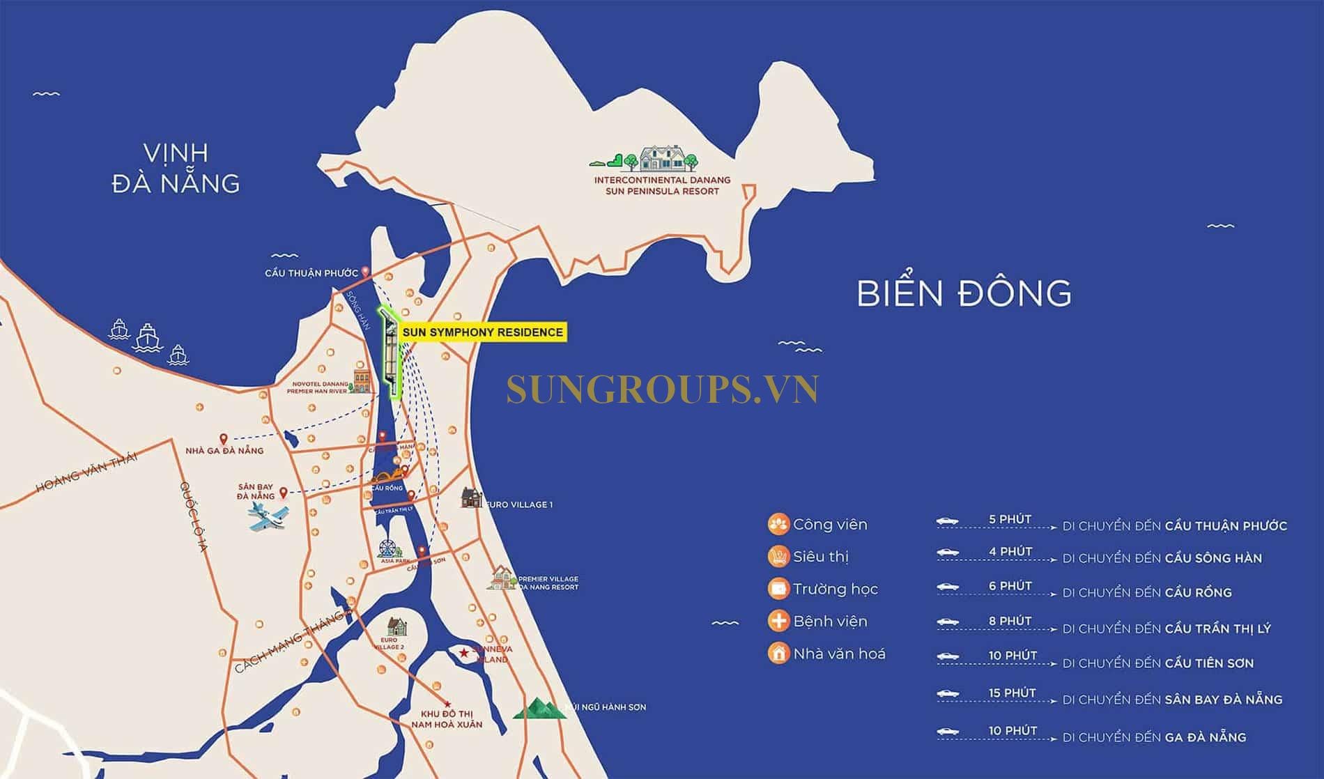 Vị trí Sun Symphony Residence dễ dàng kết nối đến các điểm tiện ích trung tâm thành phố Đà Nẵng.