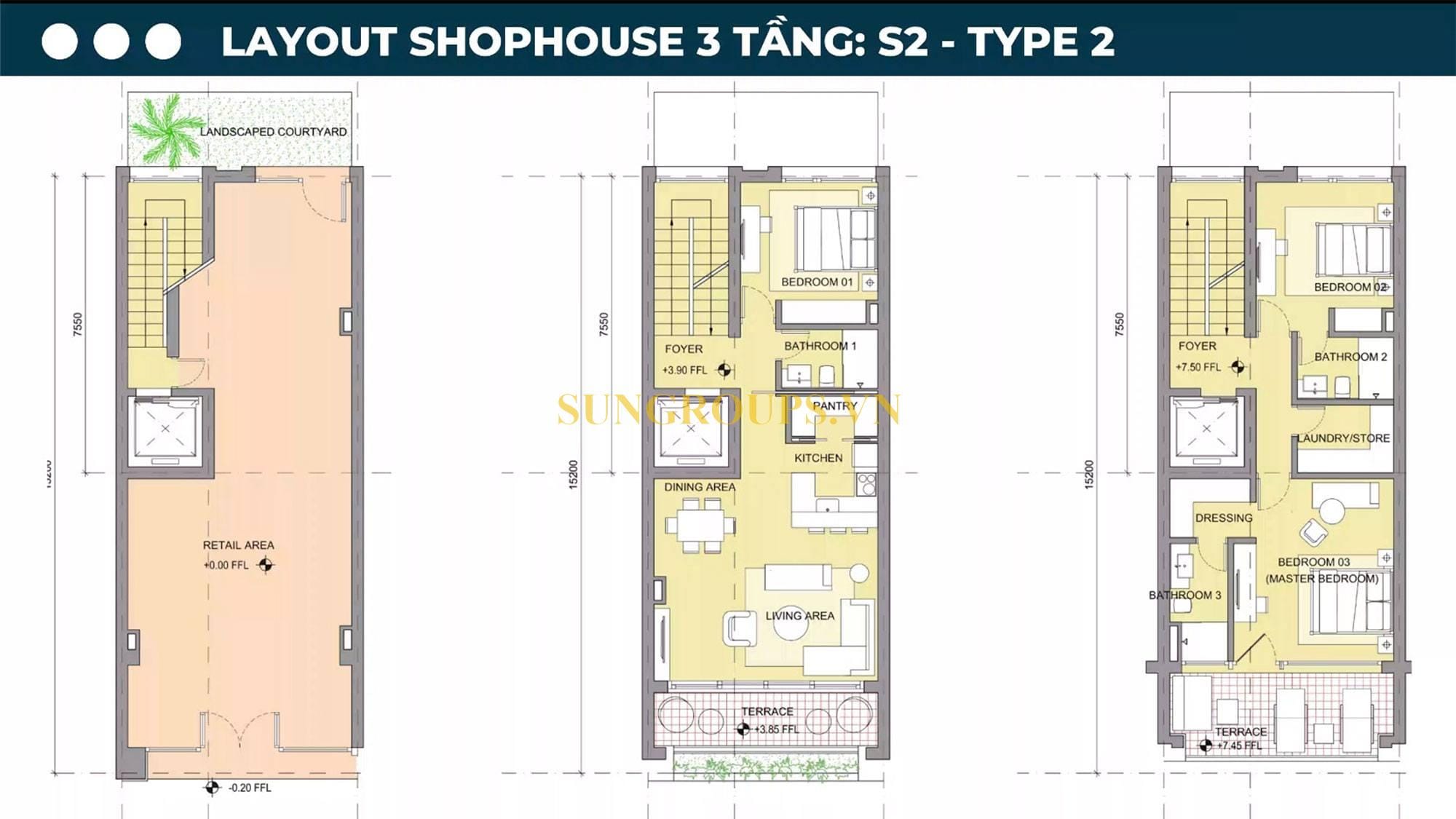 Layout thiết kế Shophouse 3 tầng S2 tại Sun Symphony Đà Nẵng.