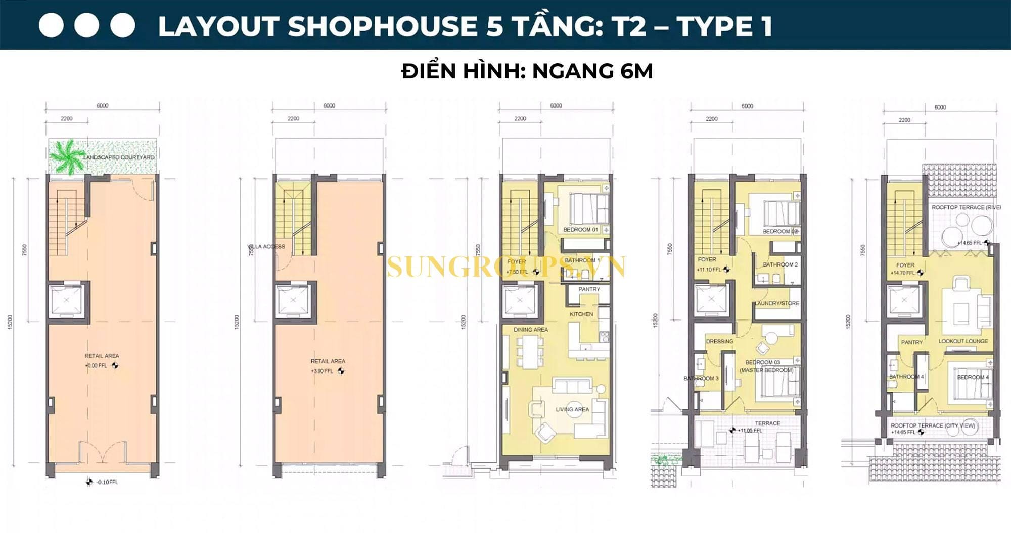 Layout thiết kế Shophouse 5 tầng T2 tại Sun Symphony Residence.