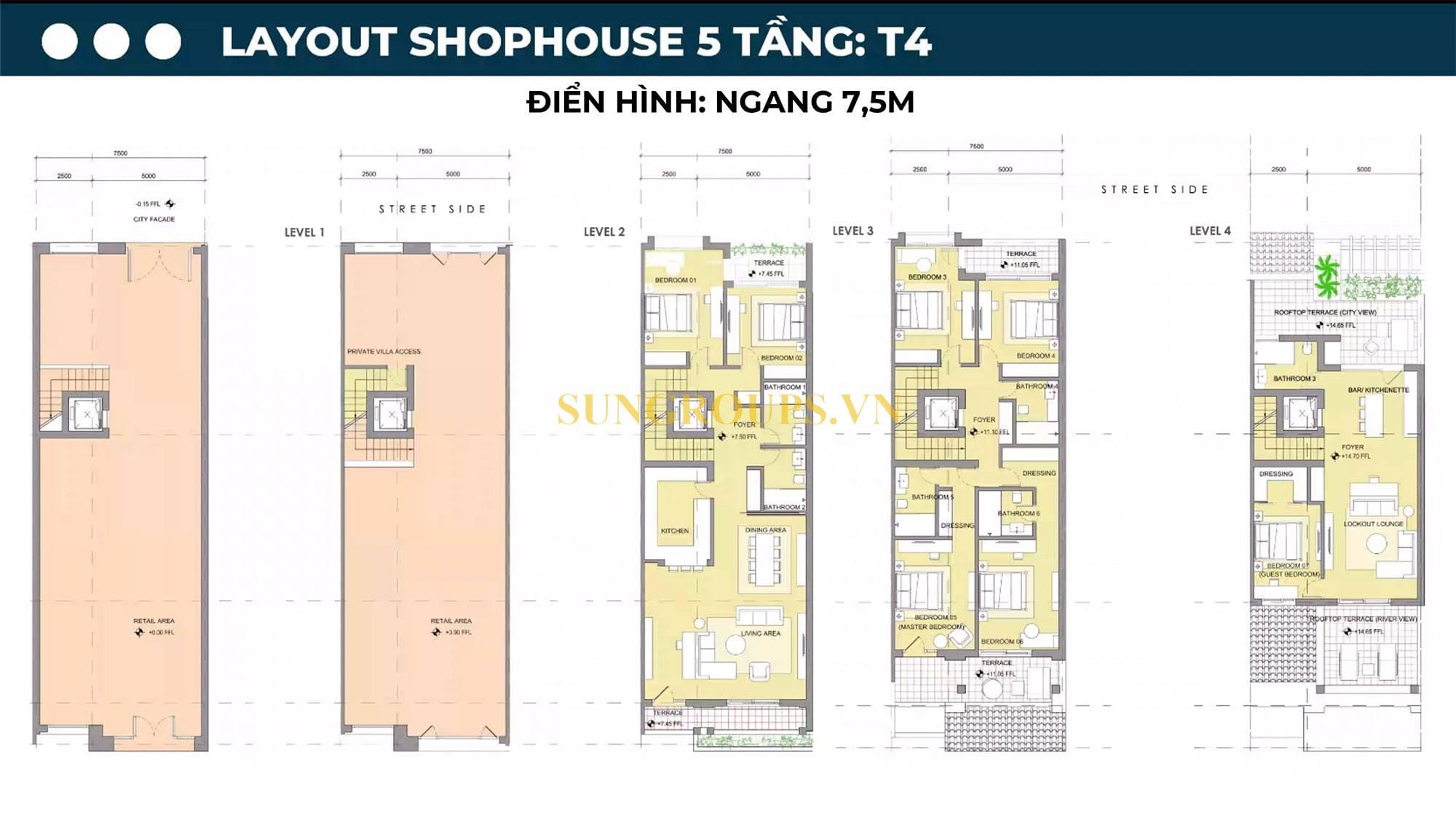 Layout thiết kế Shophouse 5 tầng T4 tại Sun Symphony Residence.