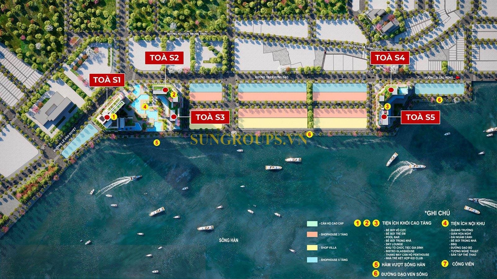 Mặt bằng vị trí các tòa căn hộ Sun Symphony Residence Đà Nẵng.