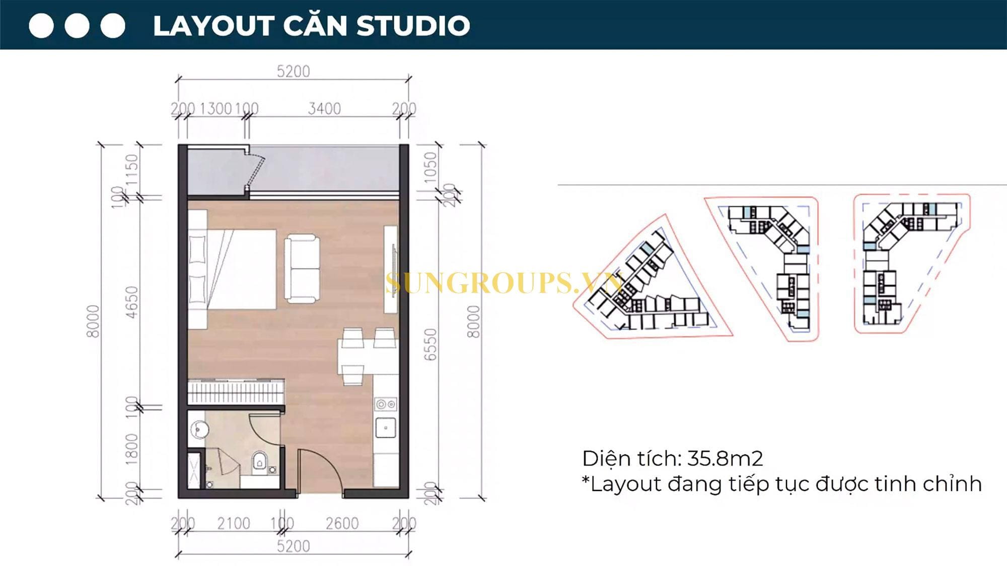 Layout thiết kế căn hộ Studio, diện tích 35,8m2 tại dự án Sun Symphony Residence Đà Nẵng.