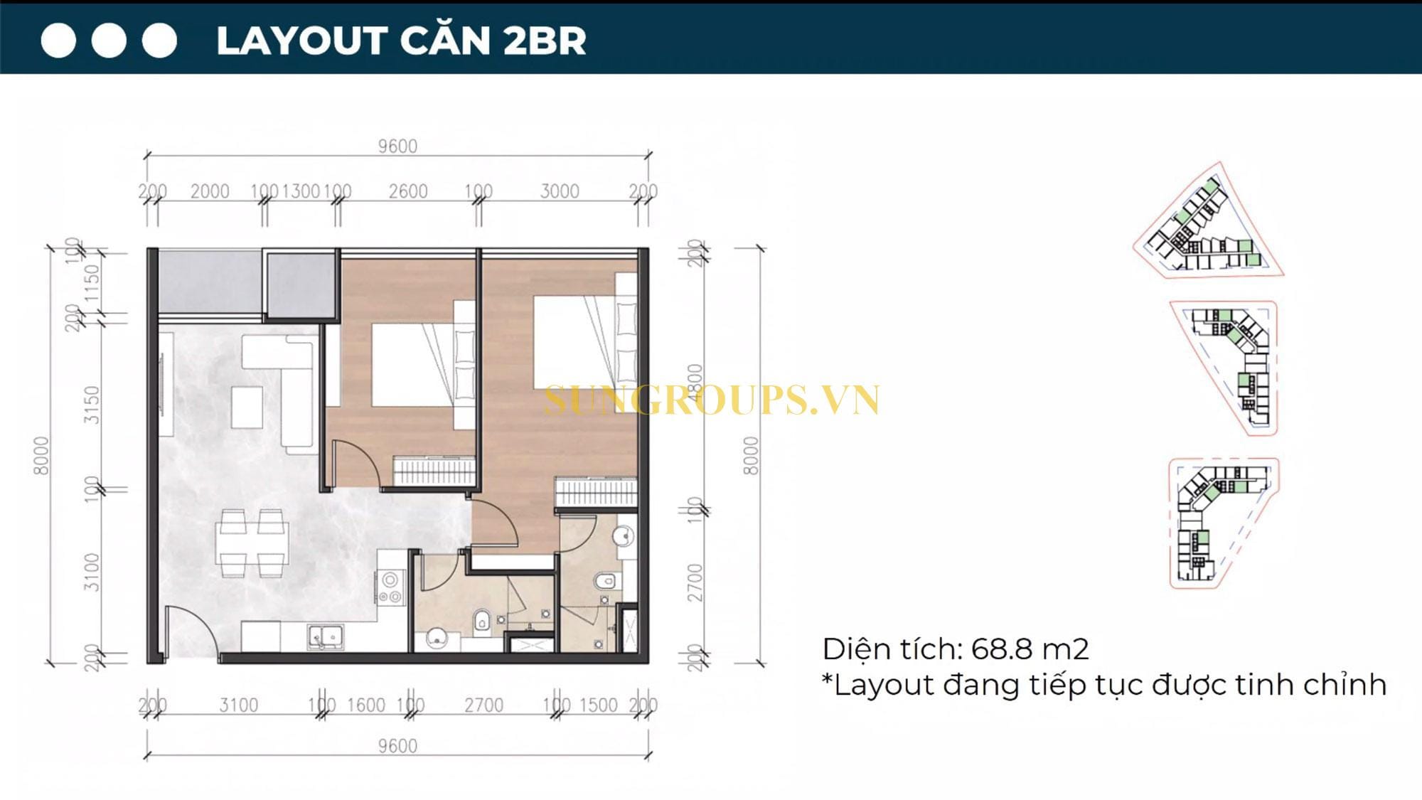 Layout thiết kế căn hộ 2PN, diện tích 68,8m2 tại dự án Sun Symphony Residence Đà Nẵng.