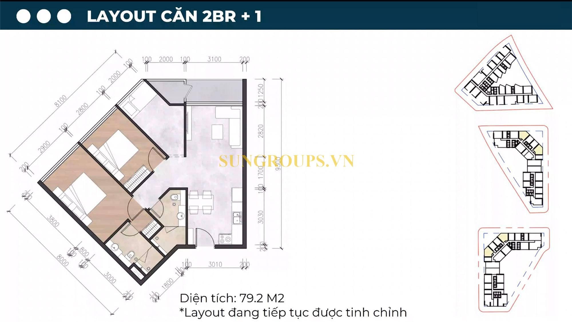 Layout thiết kế căn hộ 2PN+1, diện tích 79,2m2 tại dự án Sun Symphony Residence Đà Nẵng.
