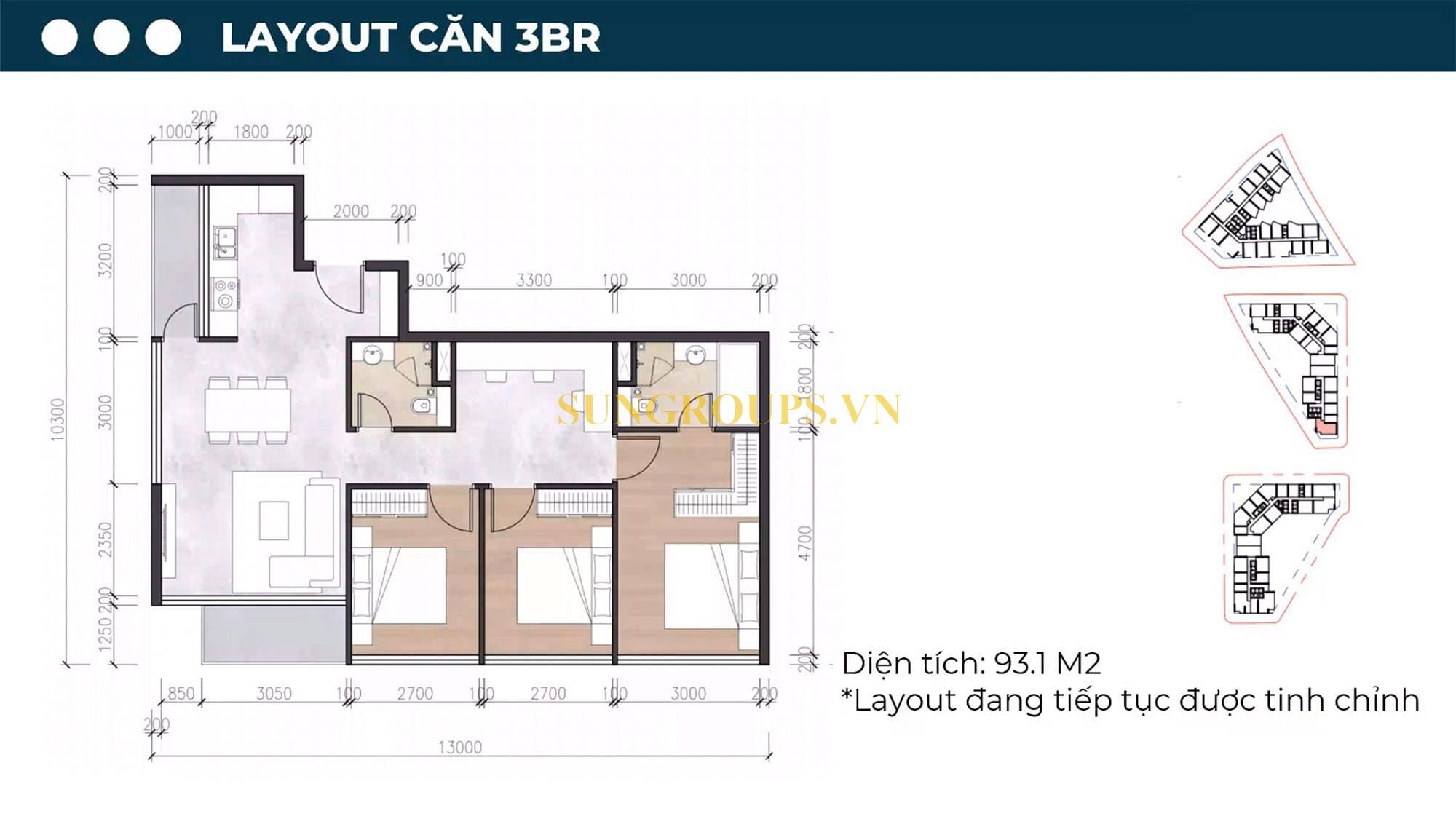 Layout thiết kế căn hộ 3PN, diện tích 93,1m2 tại dự án Sun Symphony Residence Đà Nẵng.