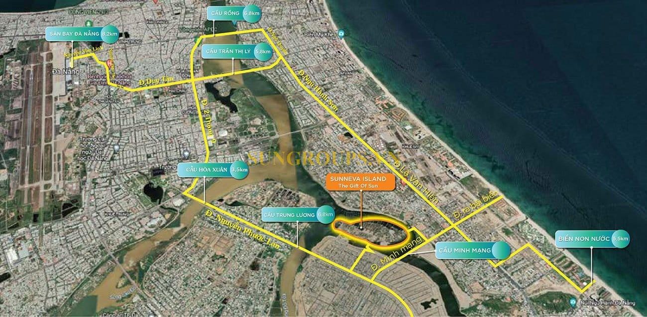 Vị trí dự án Sunneva Island tại Đảo Đồng Nò, phường Hòa Xuân, quận Ngũ Hành Sơn, thành phố Đà Nẵng.