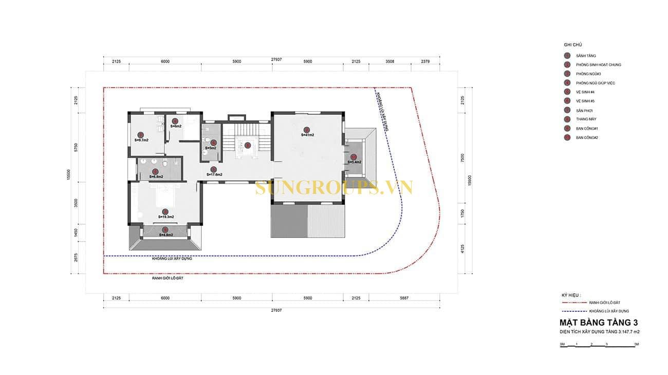 Mặt bằng thiết kết biệt thự đơn lập Sunneva - Tầng 3.