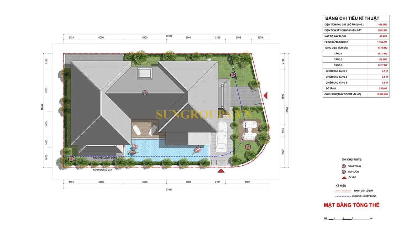 Mặt bằng thiết kết biệt thự đơn lập Sunneva - Tổng Thể.
