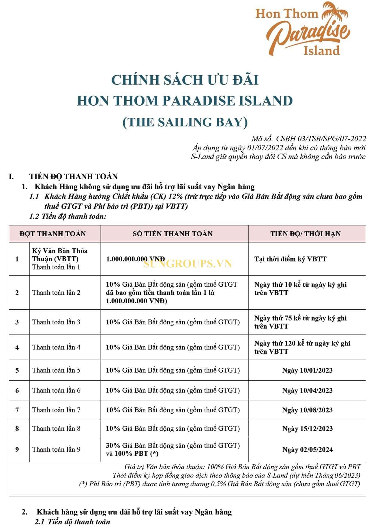 The Sailing Bay 36 Chính sách ưu đãi The Sailing Bay dự án Hòn Thơm Paradise Island tháng 07/2022 - Trang 1.