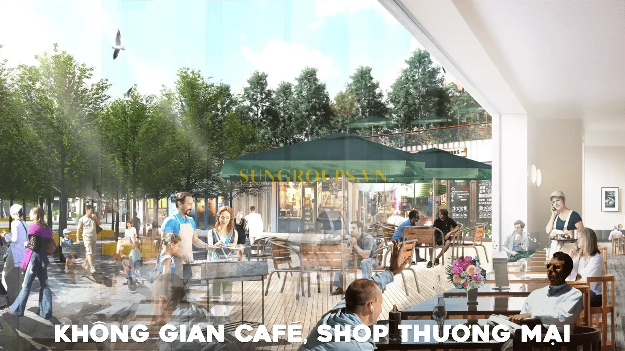 Không gian café shop thương mại sôi động tại Charmora City, nơi hội tụ văn hóa F&B đa dạng, phong phú.