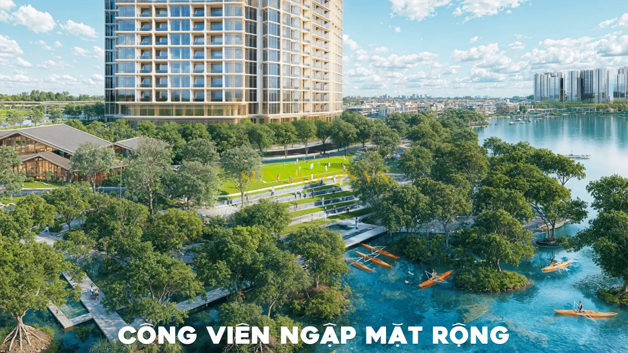 Công viên ngập mặt rộng kết hợp hoạt động thể thao nước, Charmora City kiến tạo trải nghiệm độc đáo giữa lòng đô thị.
