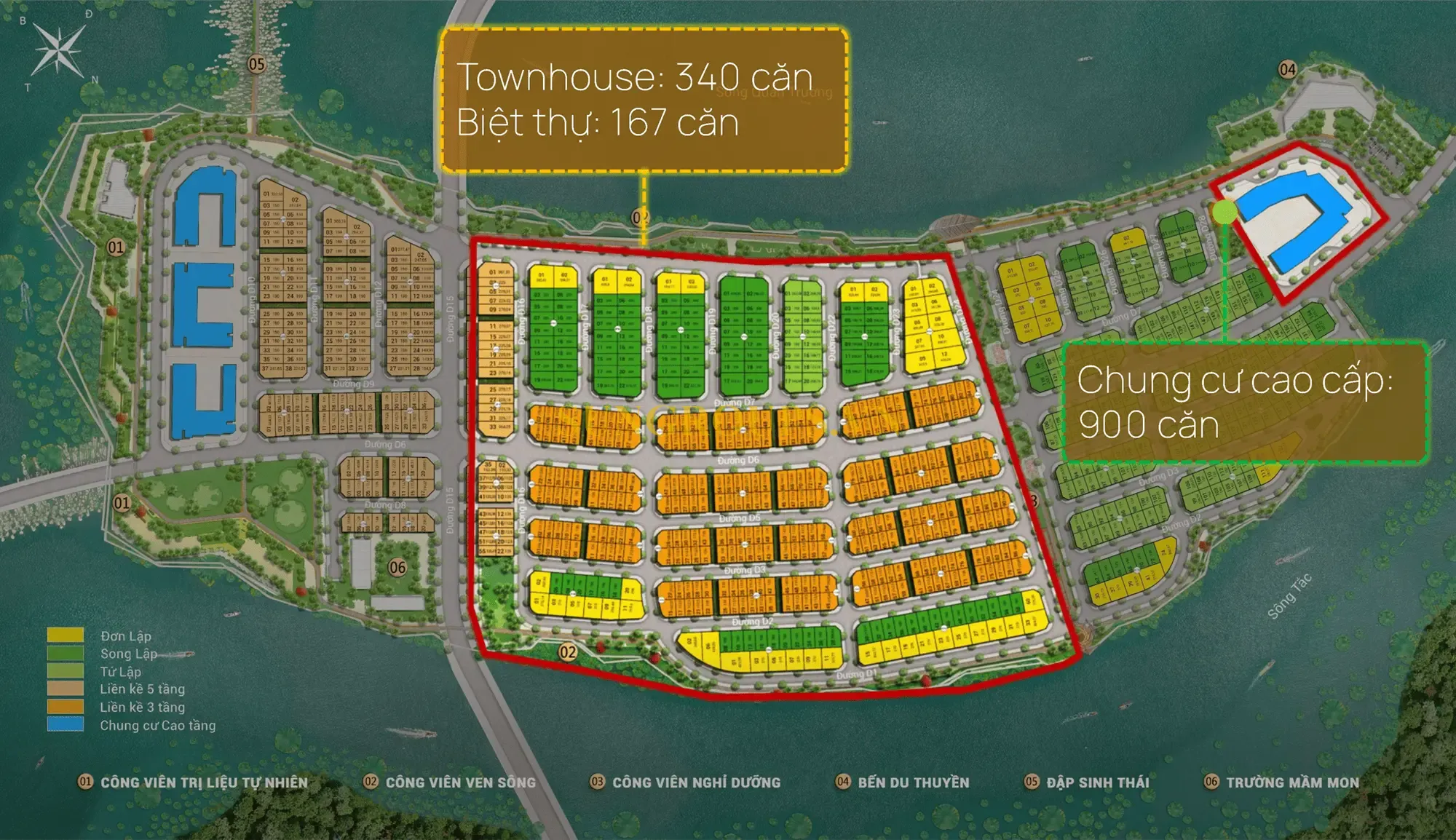 Quy hoạch đồng bộ với 900 căn chung cư, 340 townhouse và 167 biệt thự tại Charmora City - Đảo Nam sinh thái.