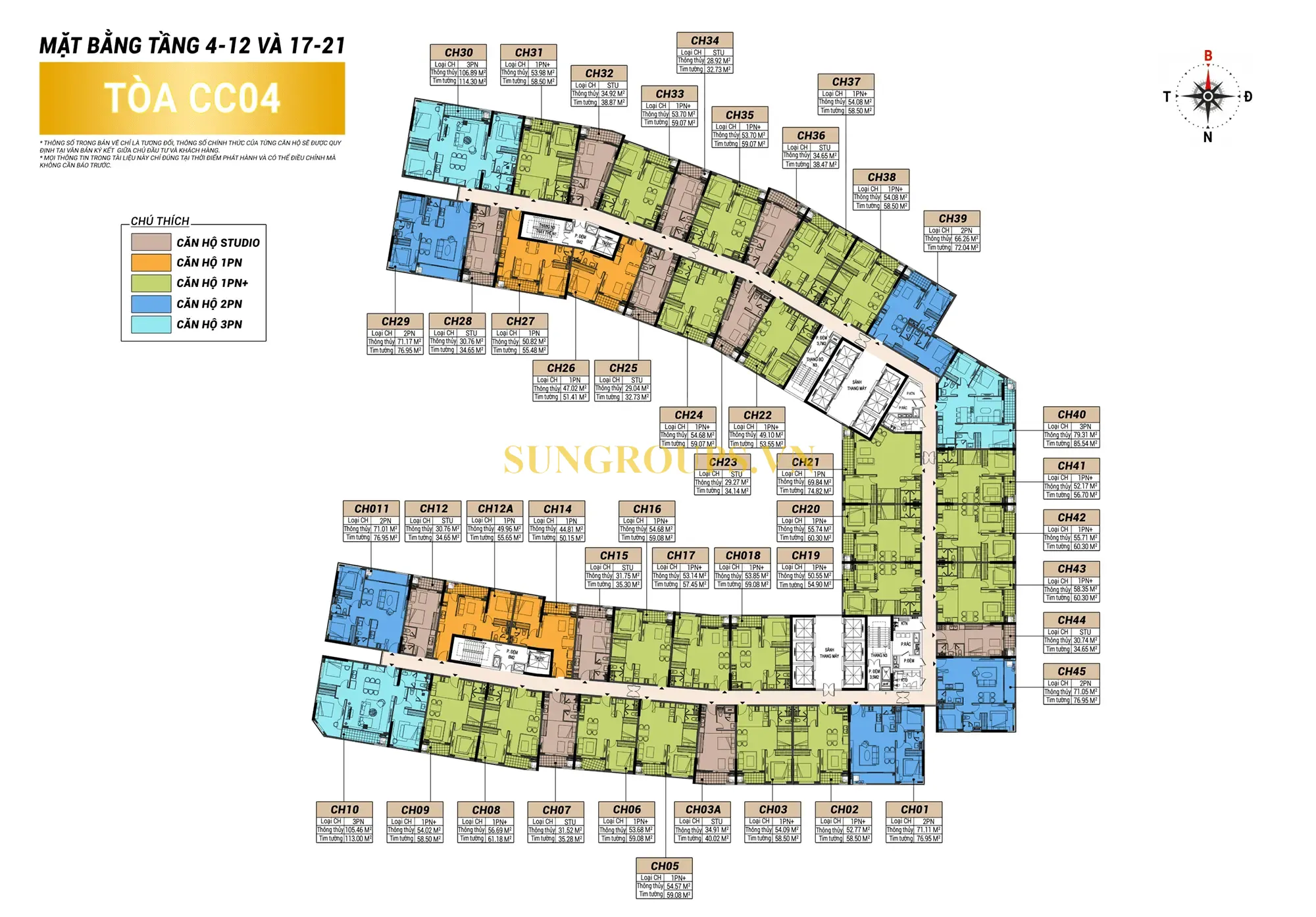Mặt bằng tầng 4-12 và 17-21 tòa CC04 tại Charmora City - quy hoạch đa dạng loại hình từ Studio đến 3PN