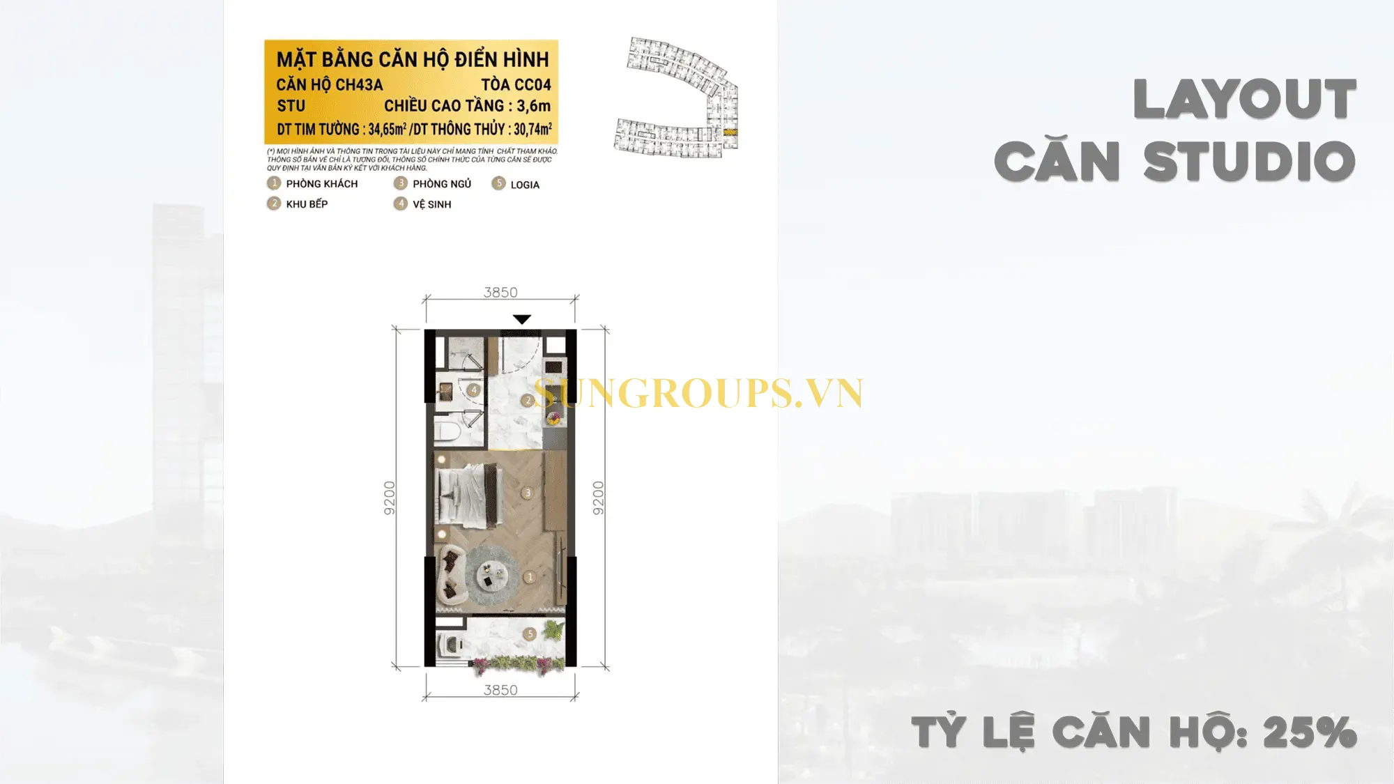 Mặt bằng căn hộ điển hình Studio CH43A, tòa CC04 dự án Charmora City Nha Trang với diện tích 30.74m² tối ưu công năng
