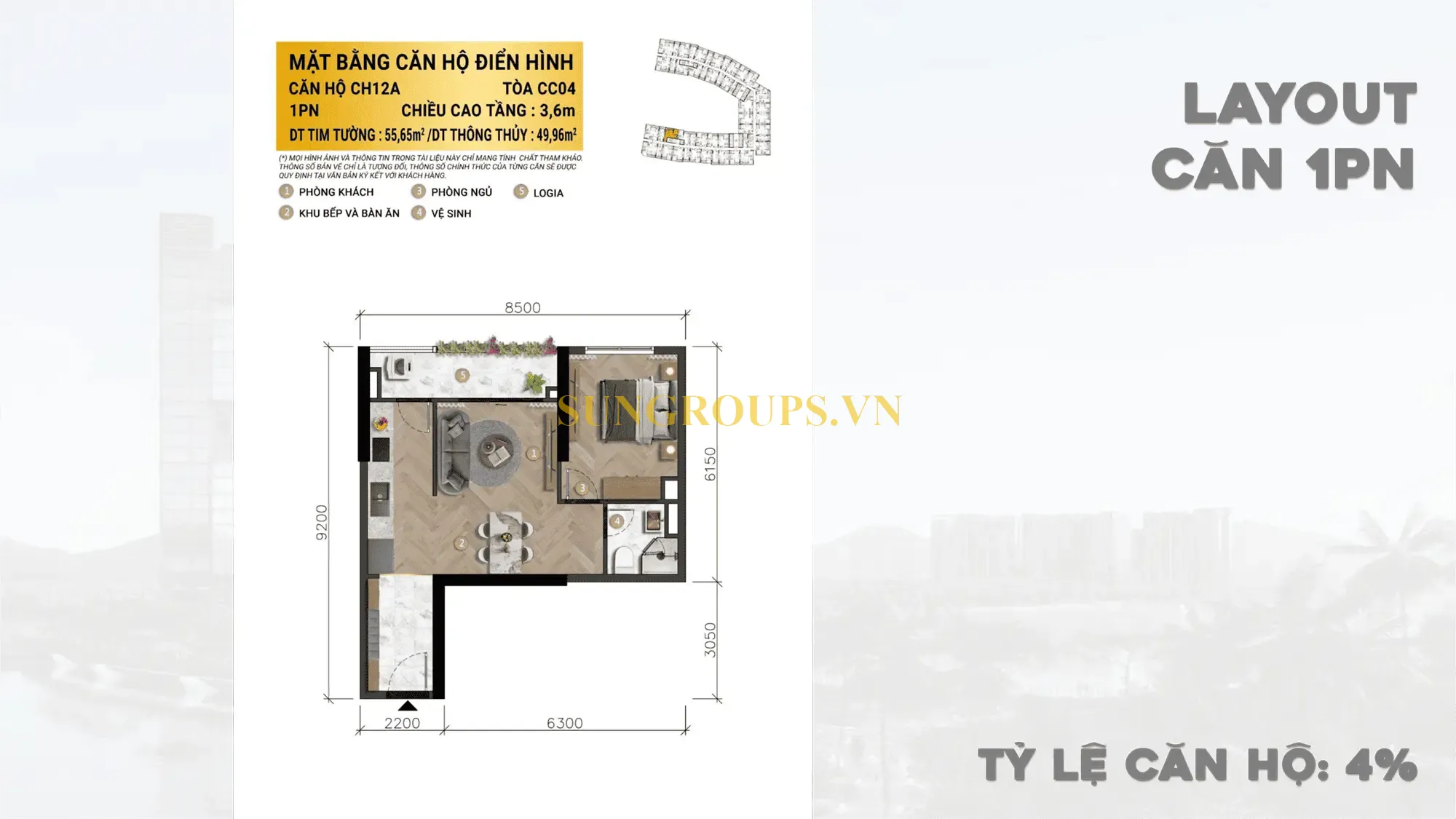 Mặt bằng căn hộ điển hình 1PN CH12A, tòa CC04 dự án Charmora City Nha Trang với thiết kế thông minh 49.96m², tỷ lệ căn hộ 4%