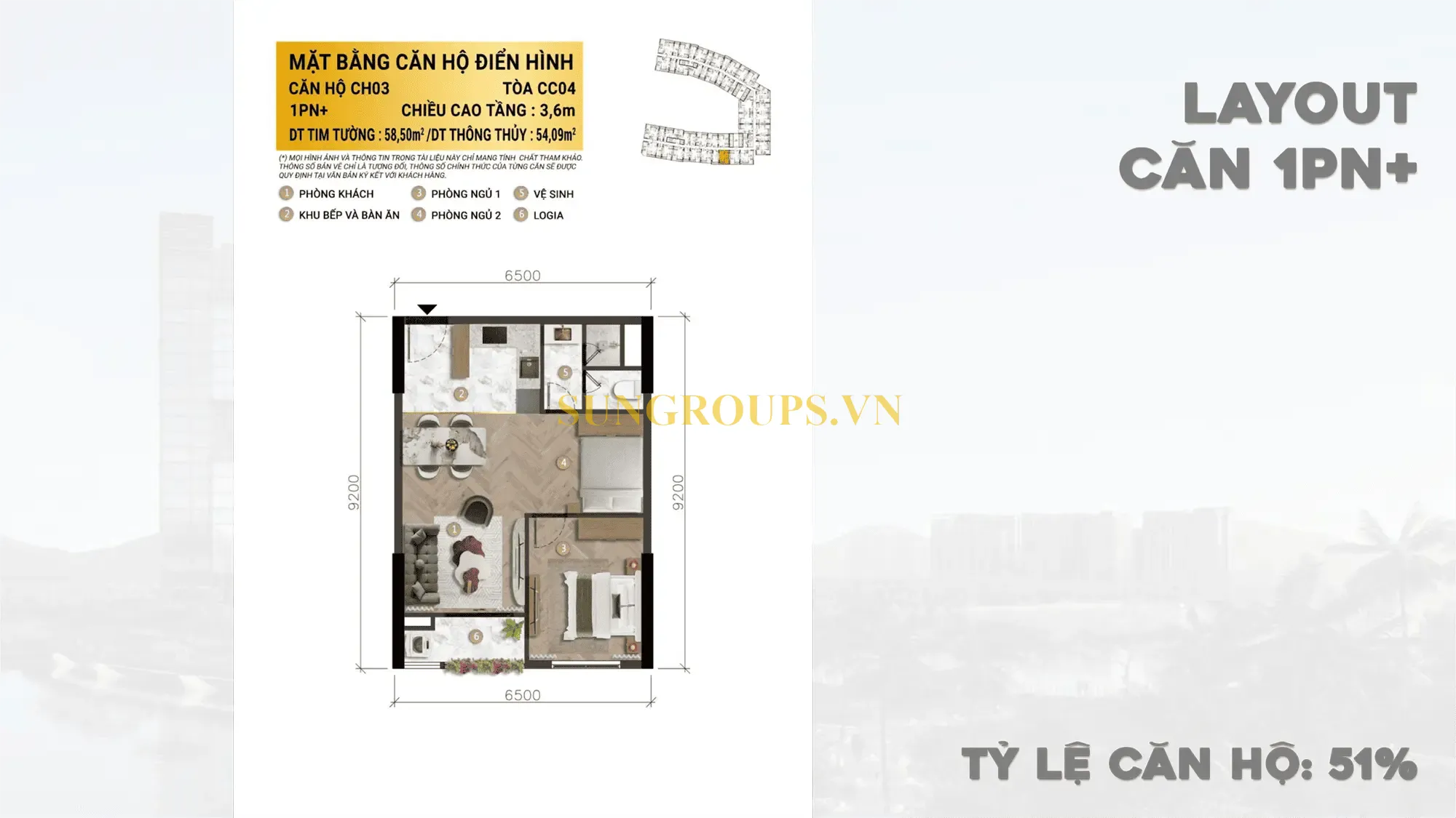 Mặt bằng căn hộ điển hình 1PN+ CH03, tòa CC04 dự án Charmora City Nha Trang rộng 54.09m² với tỷ lệ căn hộ 51%
