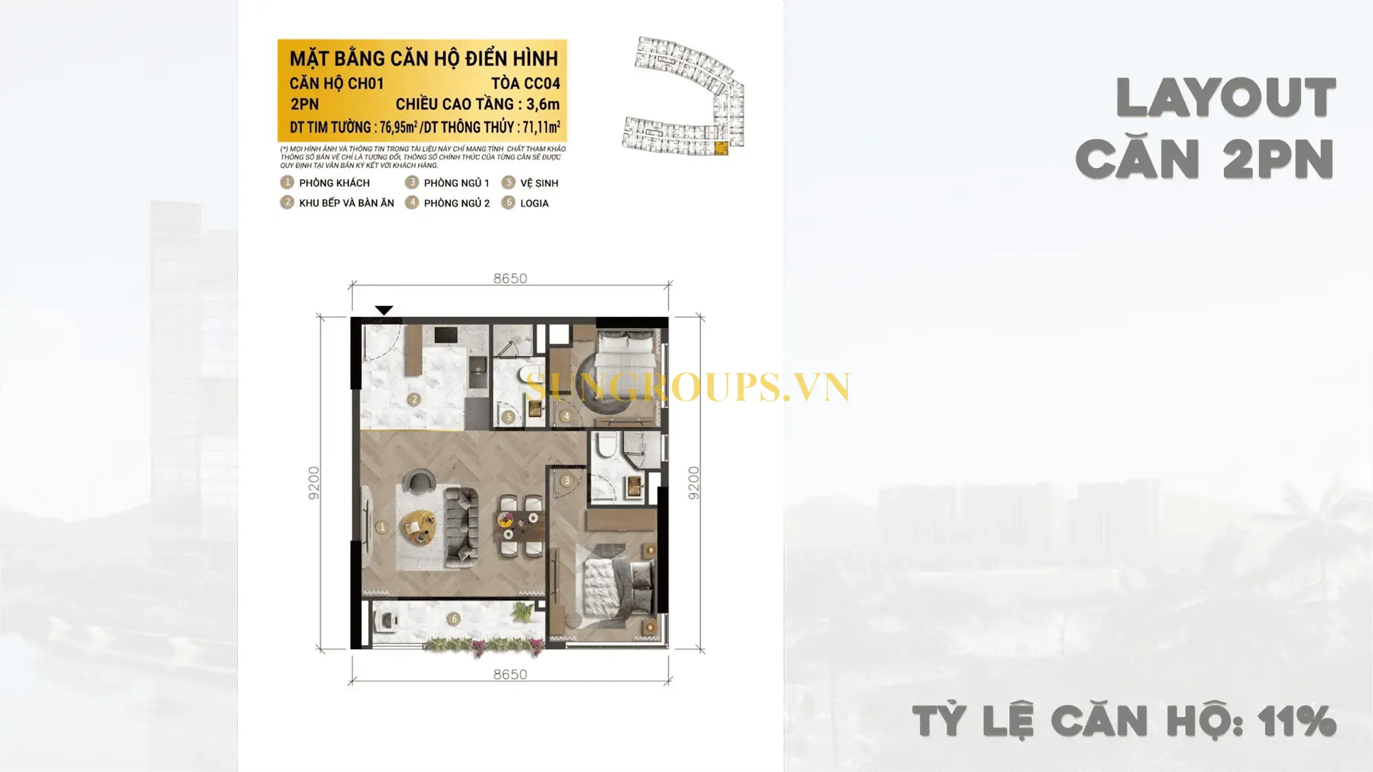 Mặt bằng căn hộ điển hình 2PN CH01, tòa CC04 dự án Charmora City Nha Trang diện tích 71.11m² - không gian gia đình lý tưởng