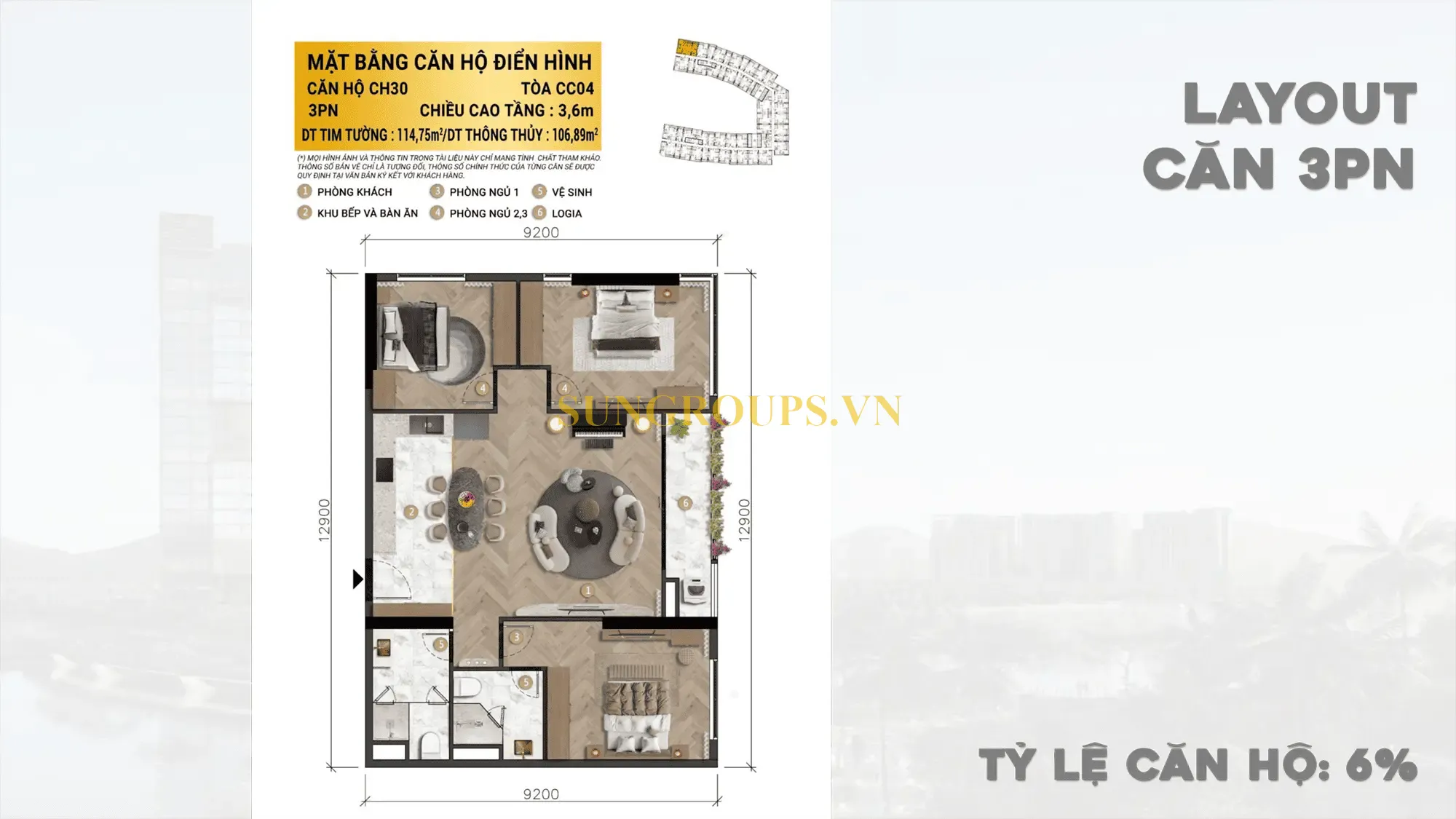 Mặt bằng căn hộ điển hình 3PN CH30, tòa CC04 dự án Charmora City Nha Trang với diện tích 106.89m² - đẳng cấp sống tinh hoa